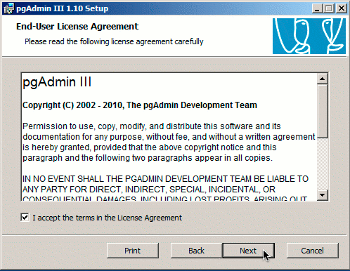 pgAdmin on Windows installer license agreement dialog pgAdmin on Windows installer license agreement dialog