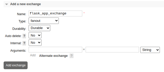 The RabbitMQ interface showing steps to create a new exchange. The RabbitMQ interface showing steps to create a new exchange.